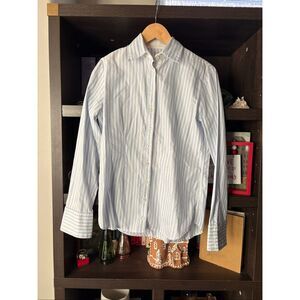 CR Ranchwear Blue and White Bengal Stripe Italian Cotton Button Front Top Small